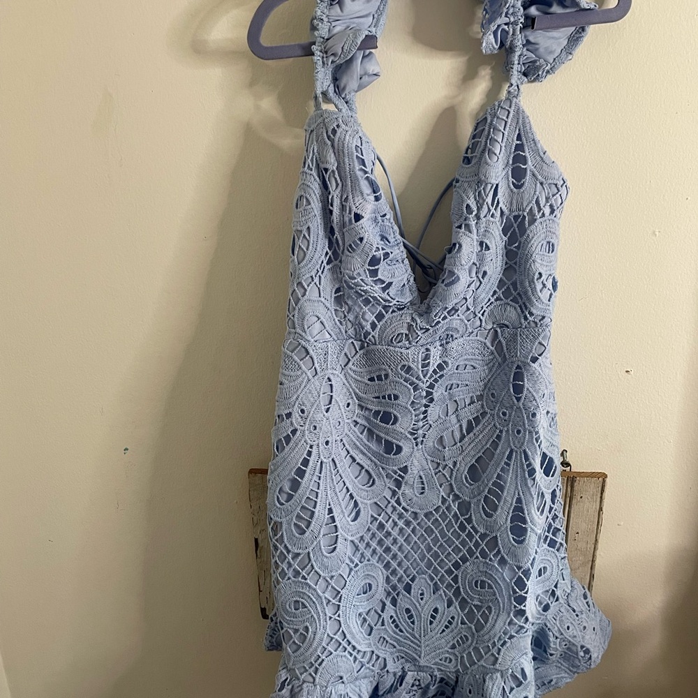 Blue Mini Dress with Intricate Lace Design